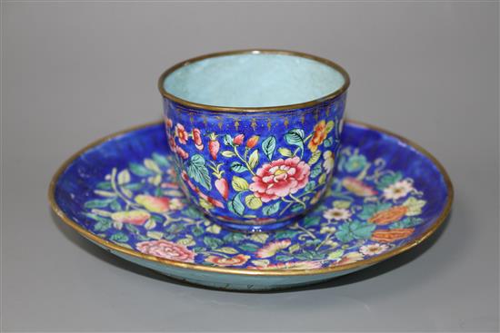 A Chinese Canton enamel bowl or cup and saucer, Daoguang period (1821-50), bowl/cup 5.5cm high